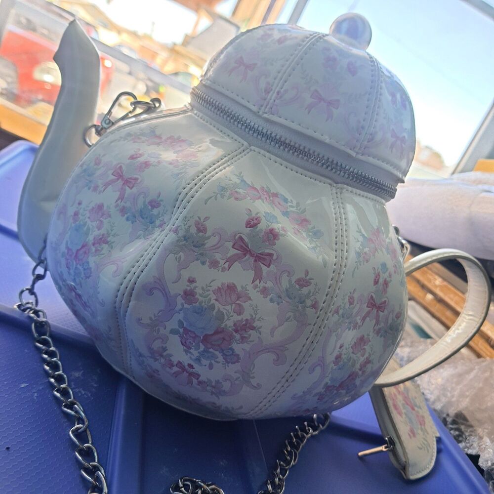 Sugar Thrillz Pink Floral Teapot Purse + Change Pearl Accent Top Shoulder Bag
